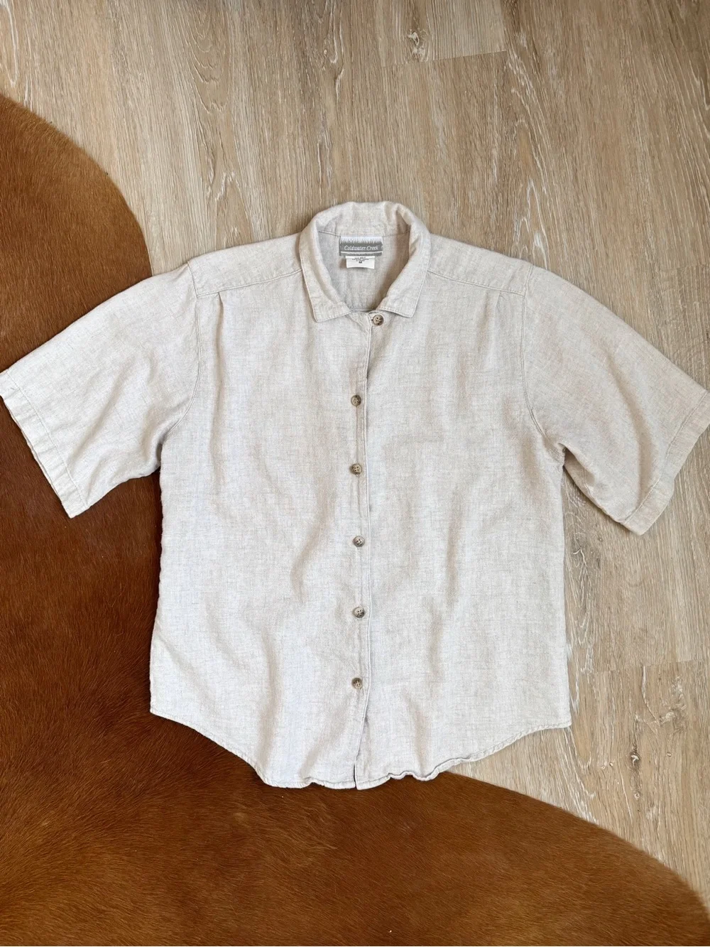 Vintage Linen Rayon Short-Sleeve Button-Up Shirt Beige | Oversized Relaxed Fit - Picture 3 of 6